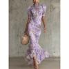 TIFICY Damen Mode Sommer Frühling Blumenmuster Druck Kurzarm Hoher Kragen Hohe Taille Freizeitkleider