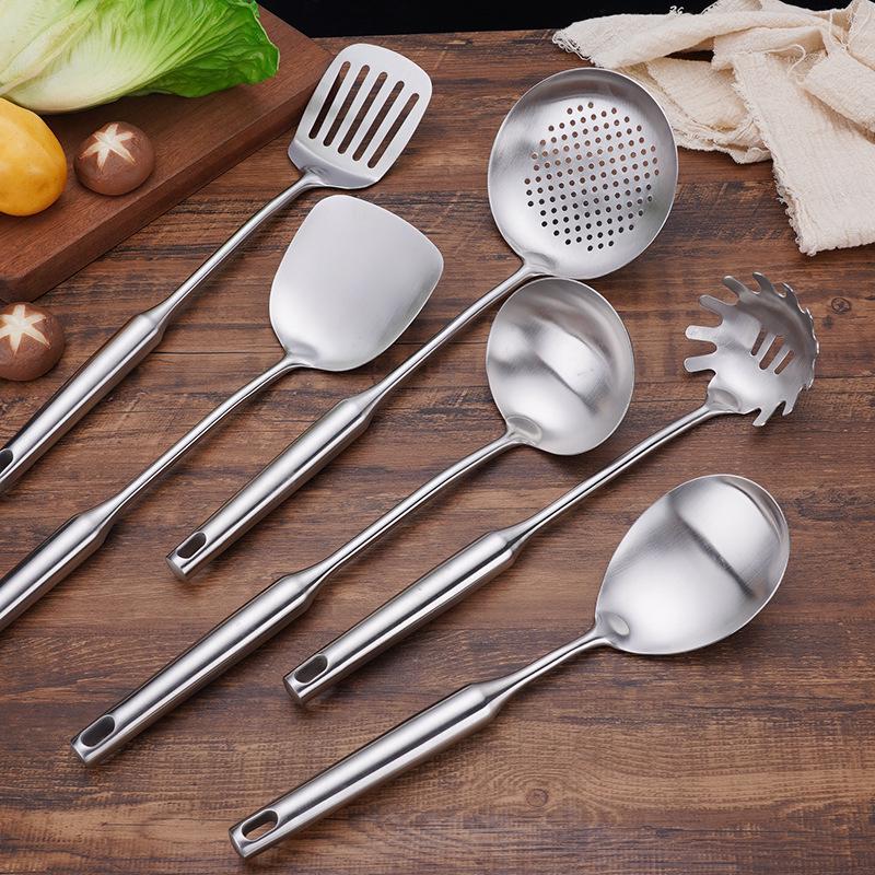 304 Stainless Steel Kitchen Utensil Set: Hollow Handle Spatula, Slotted Spoon, Frying Pan Spatula, Flour Sieve, Soup Spoon, Rice Spoon.