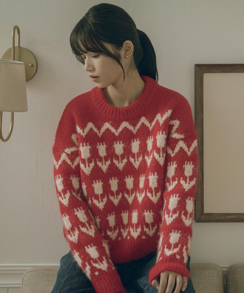 Banwonateullie Kn4240 Flower Hairy Wool Knit_Red