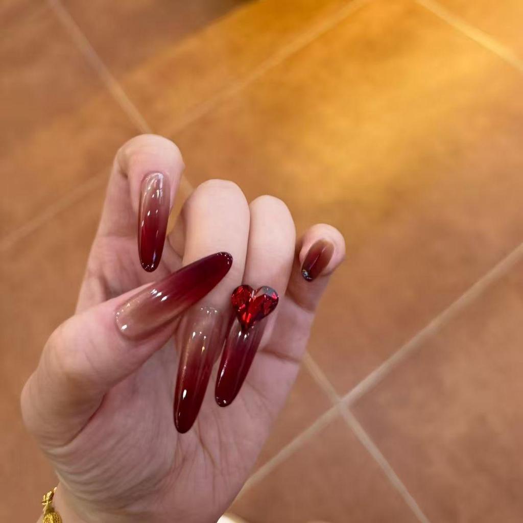 Wine Red Gradient Cat Eye Peach Heart Nails - Versatile, Handmade, Wearable for Daily Use