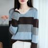 Women's V-Neck Striped Knit Sweater - Long Sleeve, Slimming, Loose Fit for Autumn