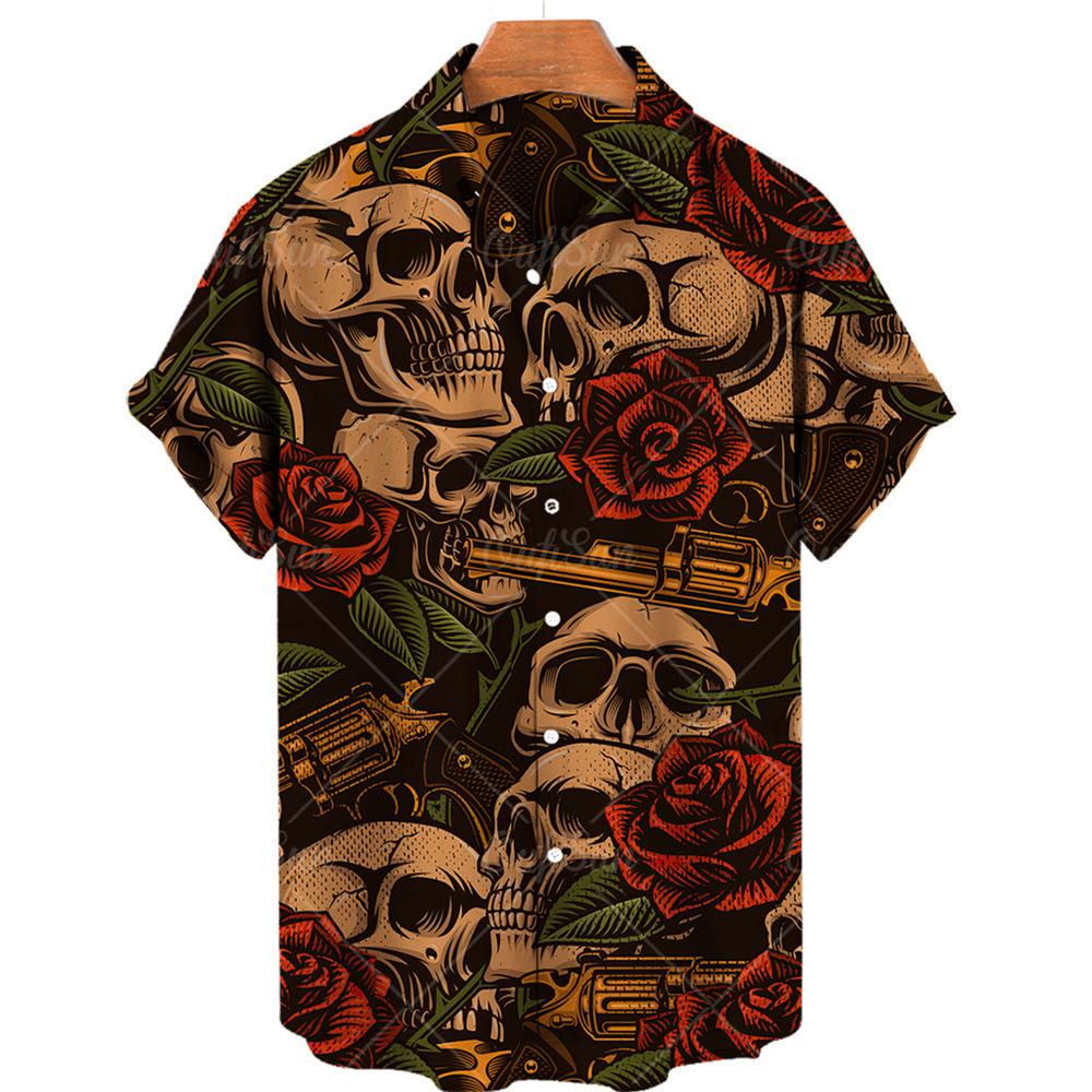 Kurzarm Hawaiihemd 1D-Druck Rosen- und Totenkopfmuster bequemes trendiges Oberteil