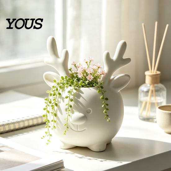 Ceramic Style Vase 3D Printed Reindeer Succulents Planter Pot for Indoor Plants, Decorative Desktop Office Desk Accessory Organizer, Christmas