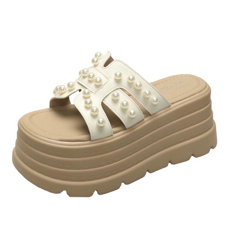 Mode 8CM Sommer Casual High Platform Sandalen Damen Mode Schwarz Hausschuhe Dicke Sohle Perle Sandalen Frau Klobige Strandschuhe Mujer