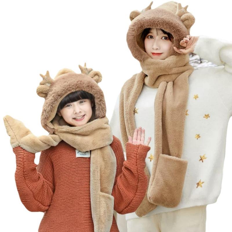 Cute dragon horn bear hat scarf integrated women's winter gloves cycling thickened dragon treasure three-in-one small antler hat