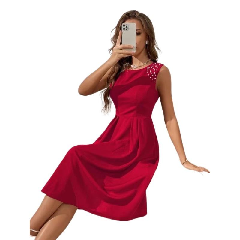 New Women's Slim Fit Round Neck Beaded Sleeveless Princess Dress S-XL