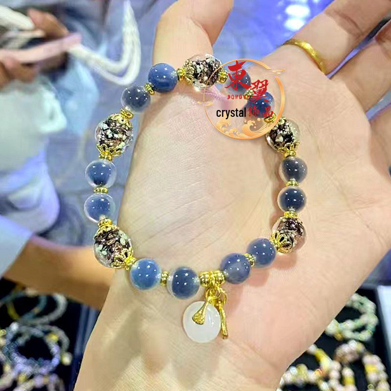 Blue Agate Heart Black Luminous Gold Sand Peace Buckle Bracelet with Gold Foil Ash Glaze Half-Sugar Design