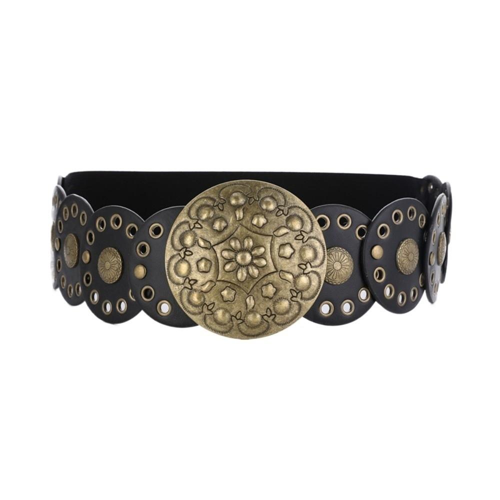 

Vintage Alloy Ethnic Style Rivet Belt Jeans Decor Strap Buckle Concho Wide Belt Punk Y2K Disc PU Hollow Waistband Party