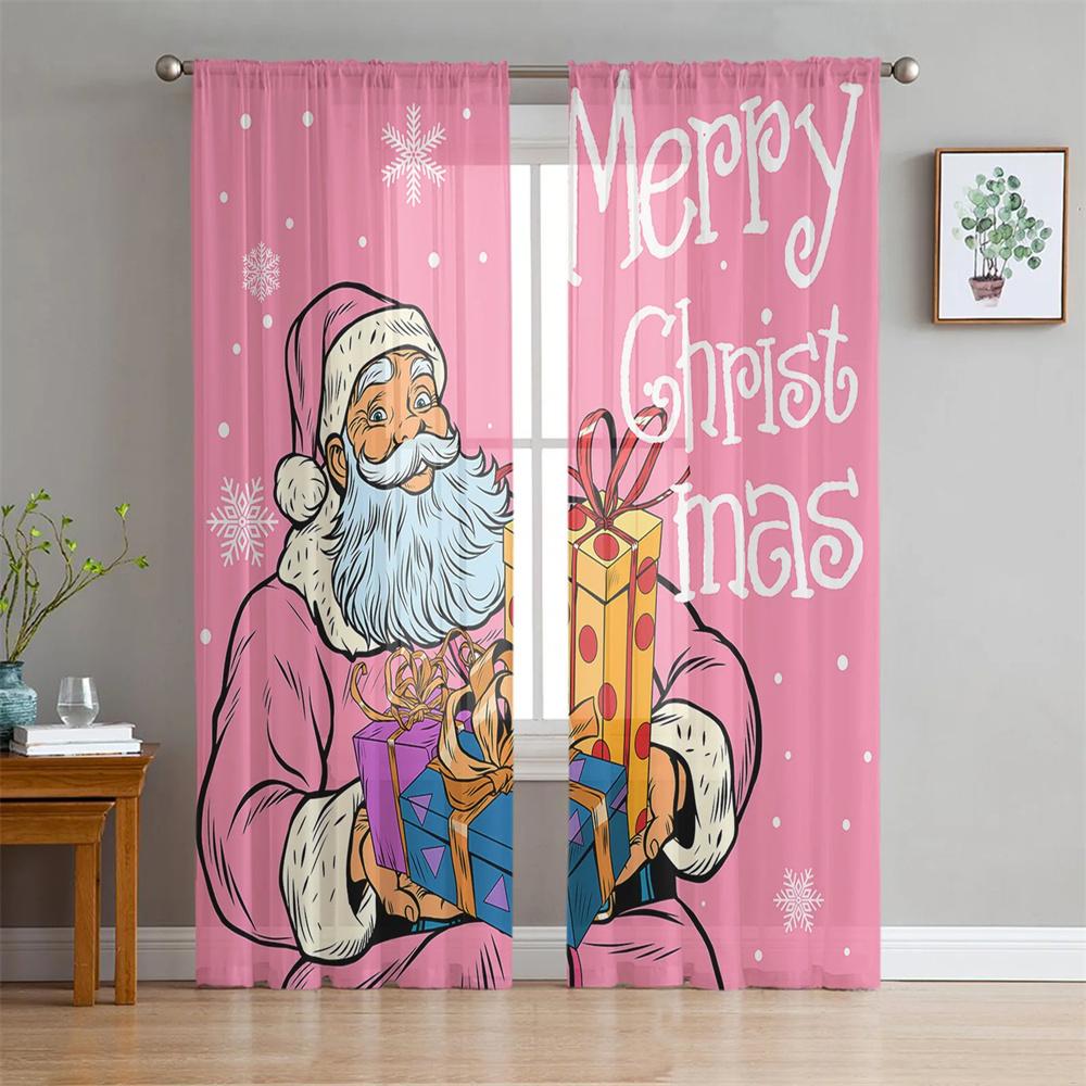 Cartoon Weihnachten Weihnachtsmann Glänzend Rot Rosa Tüll Fenstervorhänge Wohnzimmer Schlafzimmer Transparent Heimdeko Chiffon Voile Küche 2 Stück