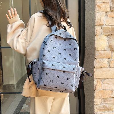 Large Capacity Student Backpack Schoolbag New Versatile Autumn and Winter Striped Velvet Fresh Bow Backpack Backpack