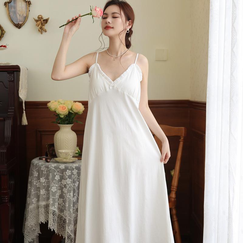 Suspender Nightdress Women's Summer High-end Temperament Lace French Long Pajama Skirt with Chest Pad Can Be Worn Outside Loungewear Cotton