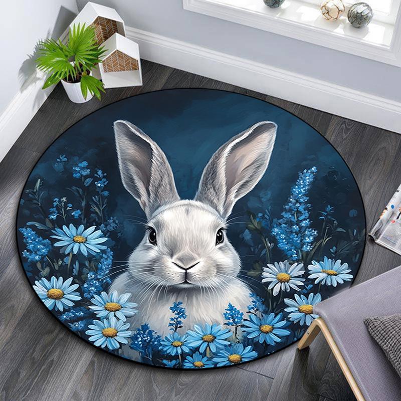 

Rabbit Flowers Blue Garden Round Area Rug,Carpet Rug for Living Room Bedroom Sofa Playroom Decor,Non-slip Floor Mat 80cmx80cm