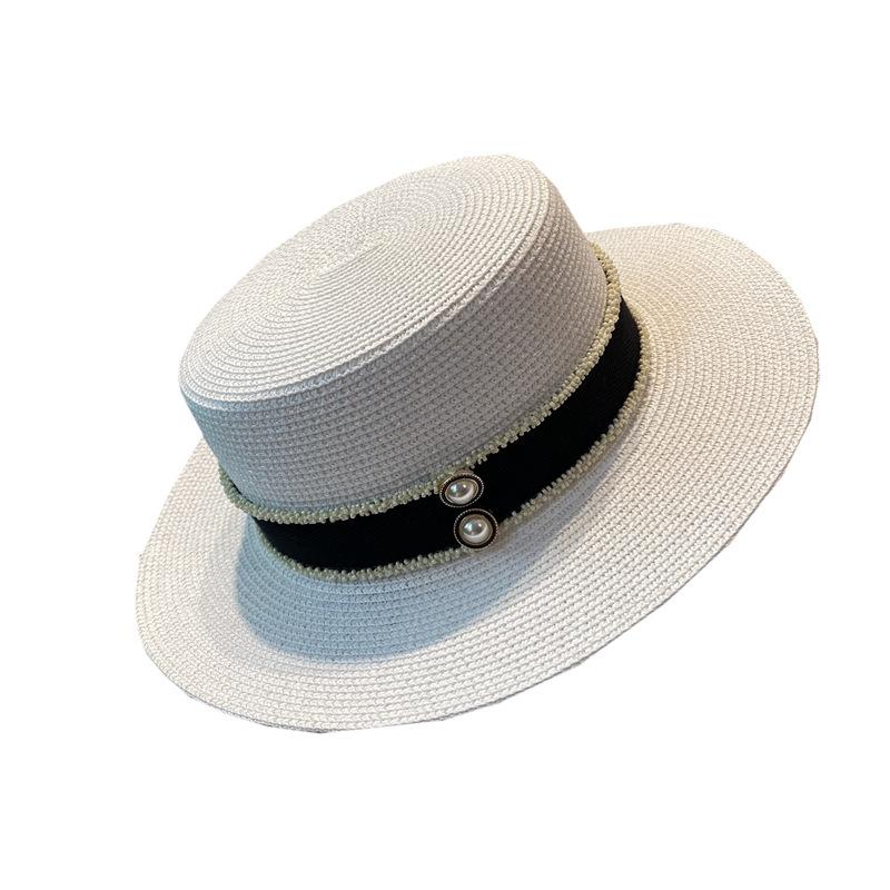 Spring and summer flat top top hat sticker straw woven big eaves hat seaside vacation straw hat sun protection beach hat French sun hat women