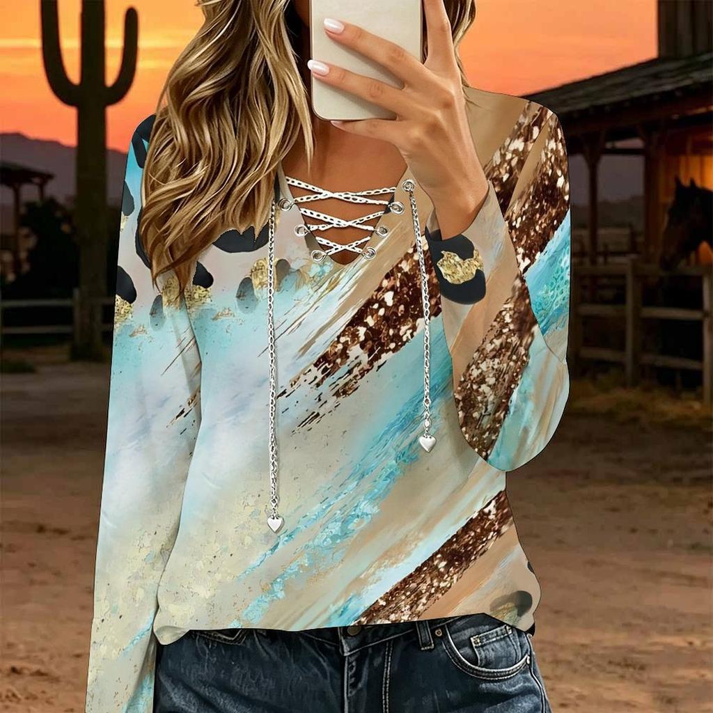 Women Plus Size White Base Blue Leopard Print Lace Up V Neck Long Sleeve Casual Blouse