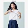 Damen Niedliches Katzenstickerei Reines Baumwoll-T-Shirt mit Rundhalsausschnitt