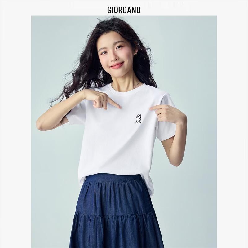 Giordano Women s Cute Cat Embroidery Pure Cotton Round Neck T-shirt L