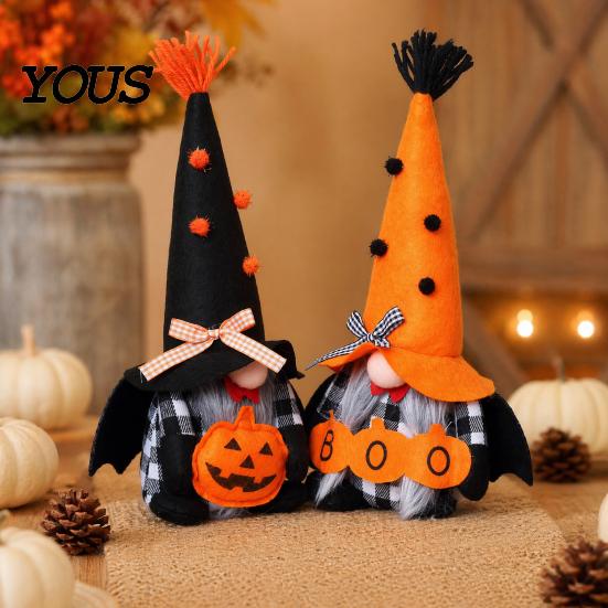 Soft Plush Centerpieces Halloween Gnome Decoration, Spooky Orange Black Boo Pumpkin Swedish Tomte Seasonal Table Accents Figurine, Elf Dwarf Ornaments