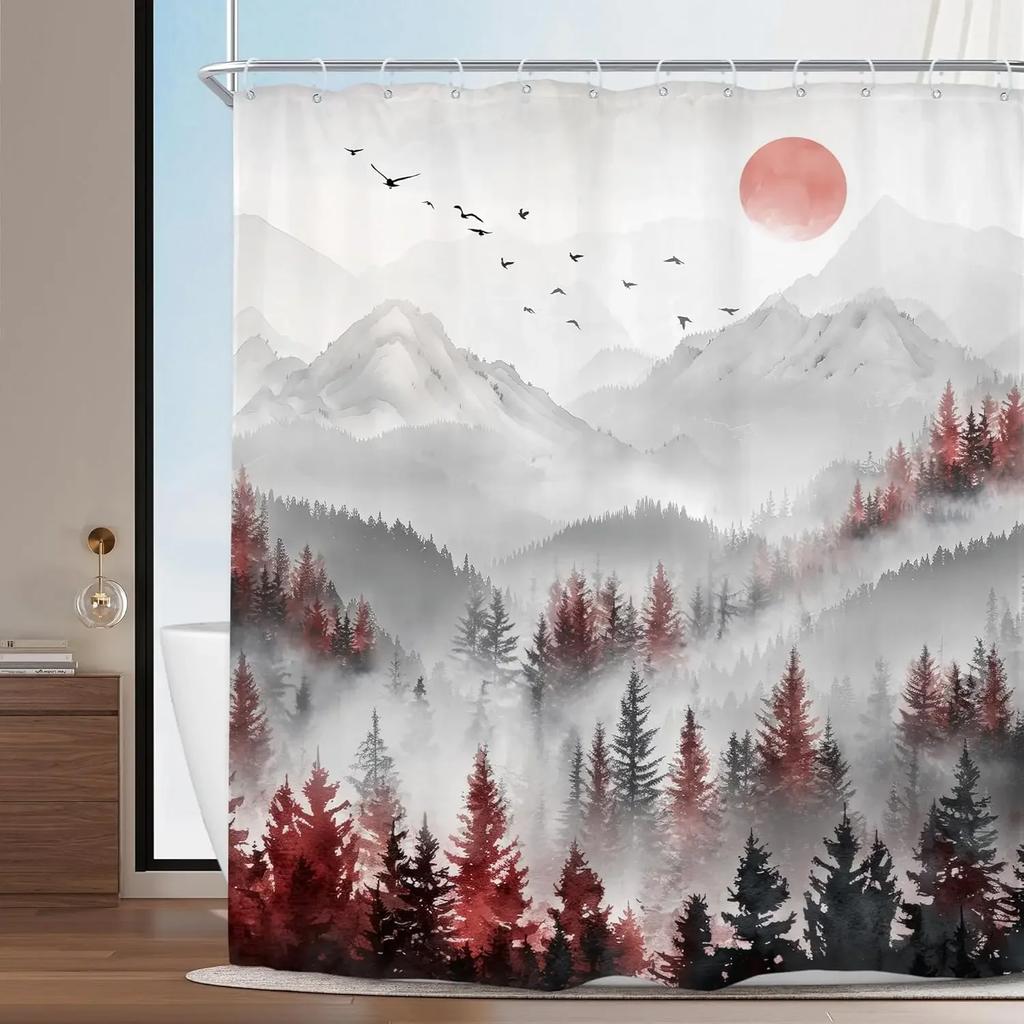Green Shower Curtain Natural Mountain View Pine Bathroom Decorative Fabric Polyester Waterproof Shower Curtain 90X180CM
