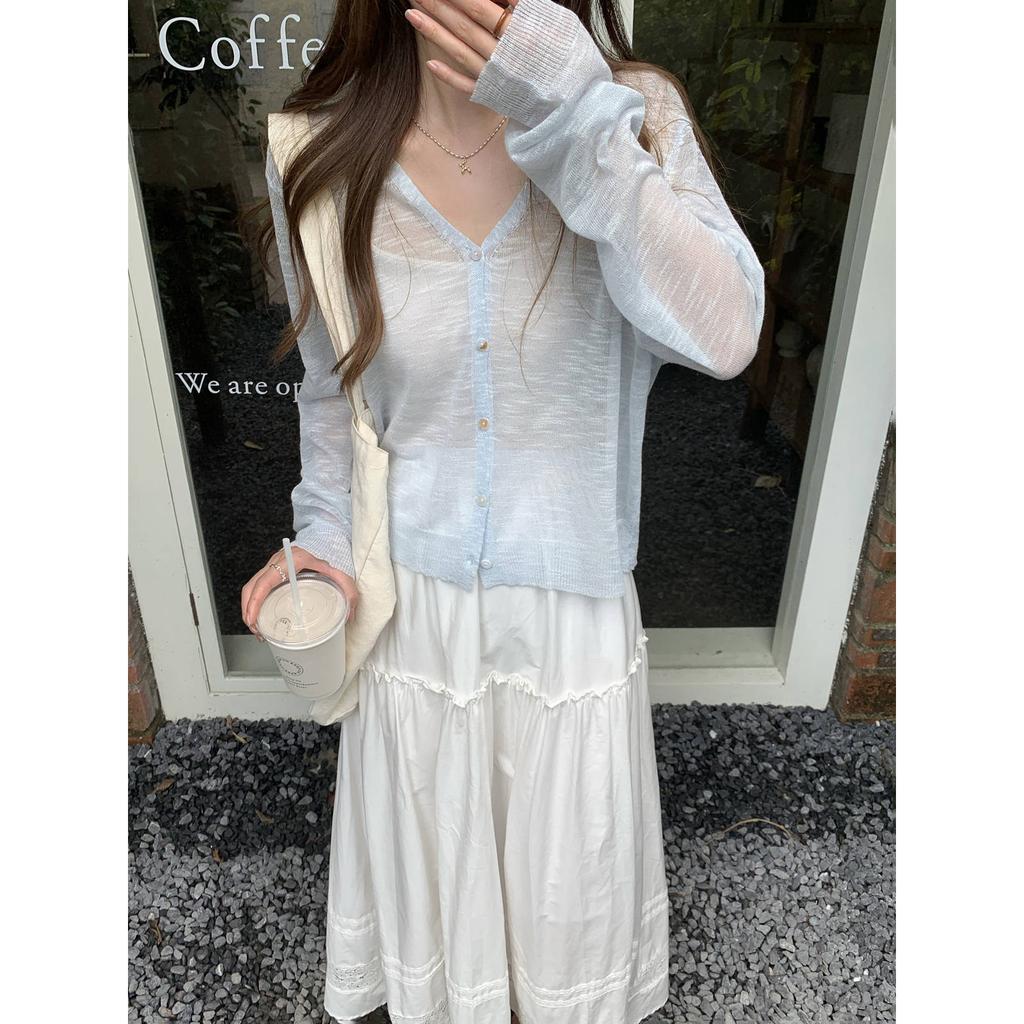 Temperament V-neck atmosphere summer thin ins bamboo hemp sunscreen jacket long-sleeved knitted top women's cardigan
