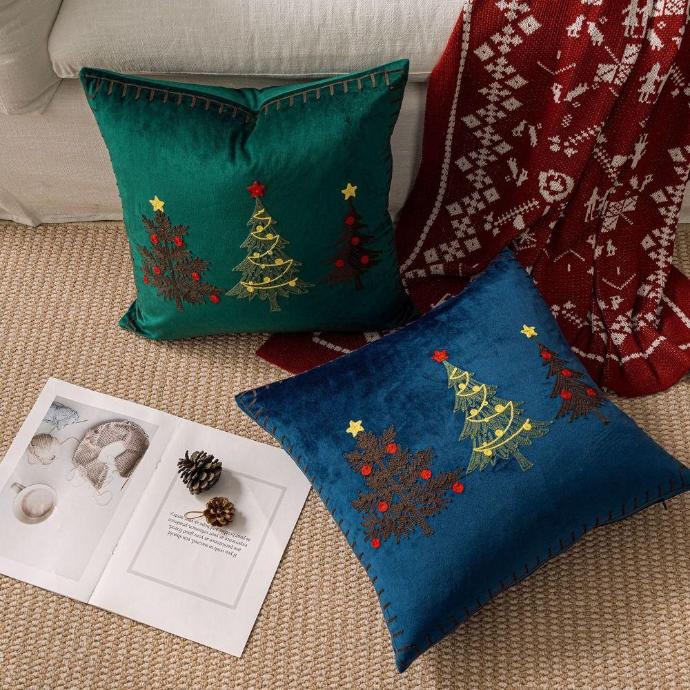 18 x 18 in Christmas Pillow Cover Soft Comfortable Xmas Tree Pillowcase Embroidered Short Cushion Slipcover Festive Atmosphere