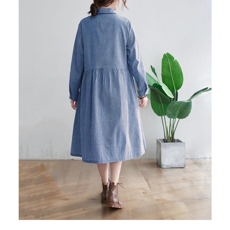 Loose Plus Size Women's Cotton Linen Checkered Shirt Skirt