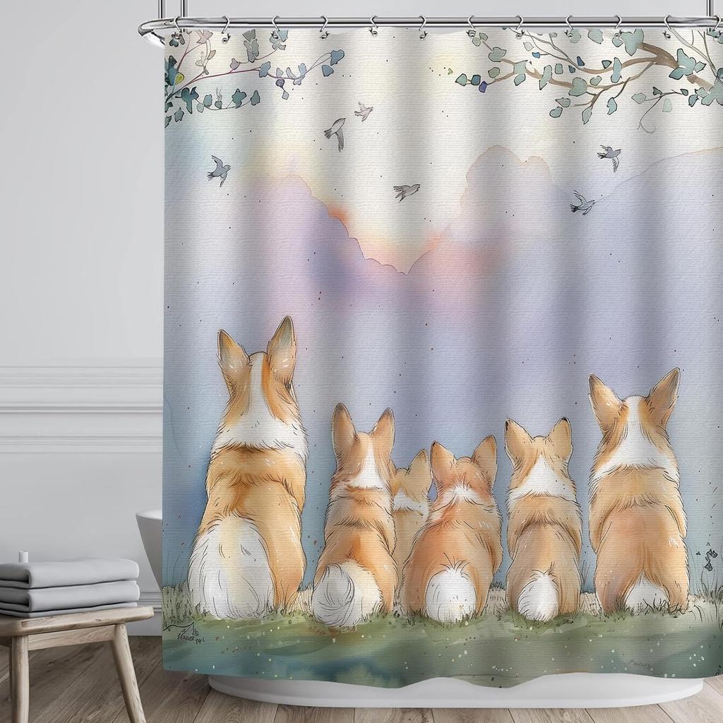 Cute Corgi Dog Shower Curtain-Nature Scene Bathroom Decor with 12 Hooks - Adorable Pet Animal Waterproof Curtains - Farmhouse