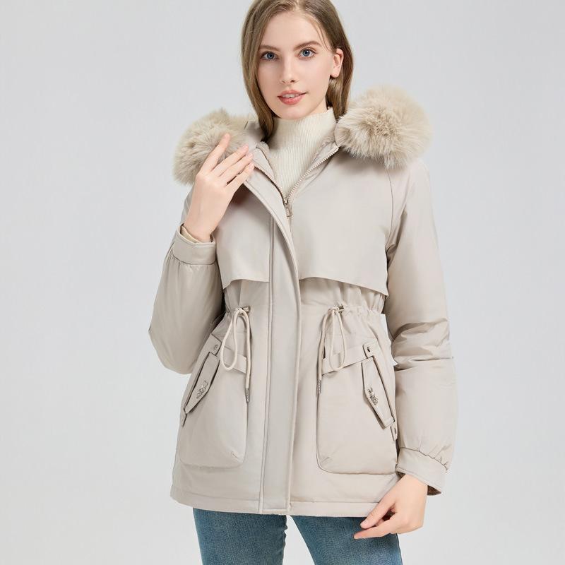 Ladies Winter Hooded Shearling Parka Down Jacket Mid-Length