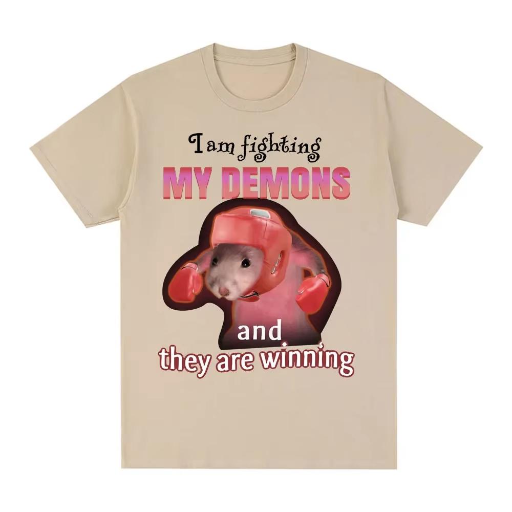 Funny I Am Fighting My Demons and The Are Winning Rat Meme Unisex Women Short Sleeve Tshirts Adult Children Parent Child Tshirt