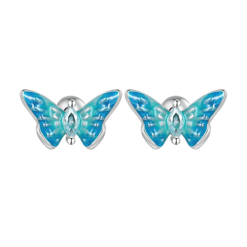 WOSTU Real 925 Sterling Silver Rainbow Butterfly Enamel Stud Earrrings Elf Moonstone Earrings Special Girl Jewelry Gift E1571