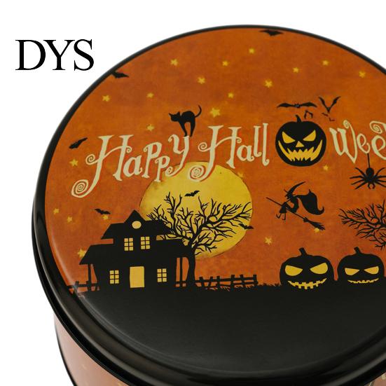 Small Metal Trinket Case Halloween Round Tin Box, Candy Cookie Storage Container with Pumpkin Witch Themed Gift Box Print, Spooky Party Favor Reusable