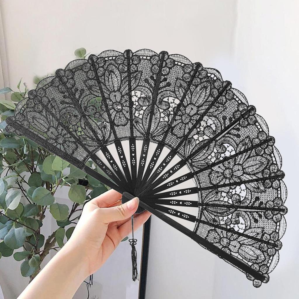 Ladies Lace Hand Fan Black Folding Fan Victorian Hand Fan for Wedding Party Favor Gift Dance Fan Ornament Halloween Party Supply