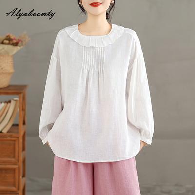 Japanese Mori Girl Spring Autumn Women White Blouse O Neck Ruffles Oversized Baggy Shirt Long Sleeve Cotton Basic Ladies' All-Match Top