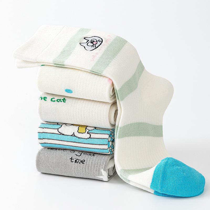 5 Pairs of Female Spring and Autumn New Student Cartoon Boneless Stripe Deodorant Wicker Socks