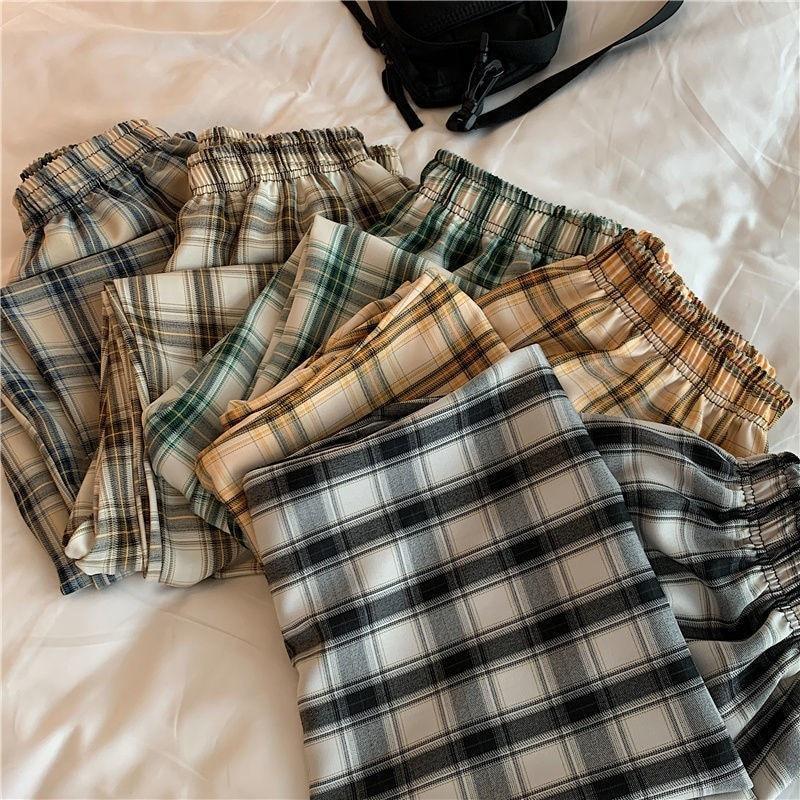 Vintage Plaid Women Pants High Waist Wide Leg Straight Pant Loose Casual Female Trousers Wide Leg Pant Fashion Streetwear