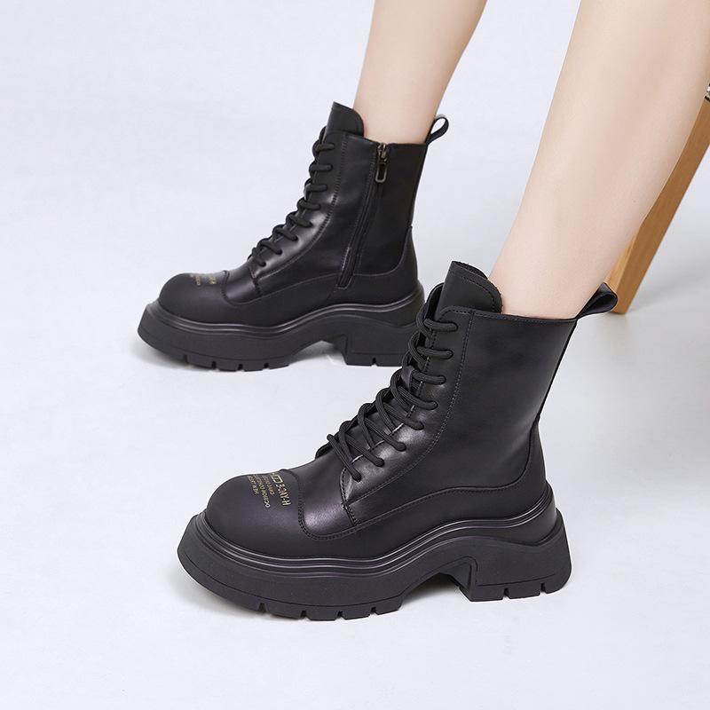 Leather Martin boots women's thick heel 2025 new autumn and winter warm thick-soled medium boots children's velvet British style short boots