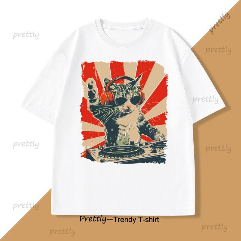 Cool DJ Cat TShirt Funny Cat with Headphones Graphic T Shirts Trendy Short Sleeve Round Neck Tshirt Streetwear Cotton Tees