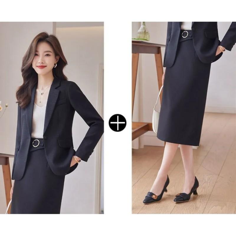 

Women s Spring/Fall Elegant Commuter Suit Set Fitted Short Blazer + Solid-Color Skirt Two-Piece Set 3XL