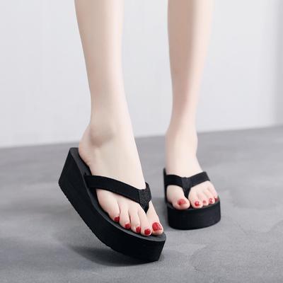 2019 Women's Floral Fabric Non-Slip Wedge Flip-Flops - Summer Beach Shoes, Korean Style