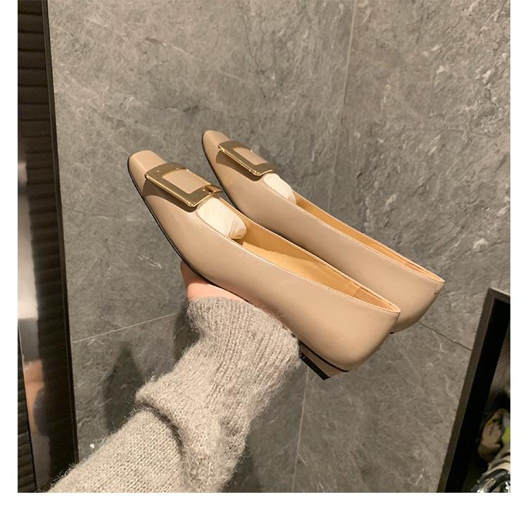 Cowhide Version~ Classic Square Buckle Shoes, Leather Flat-bottomed Commuting Single Shoes, Women's Shallow Mouth Square Head Low Heel Mary Jane Shoes