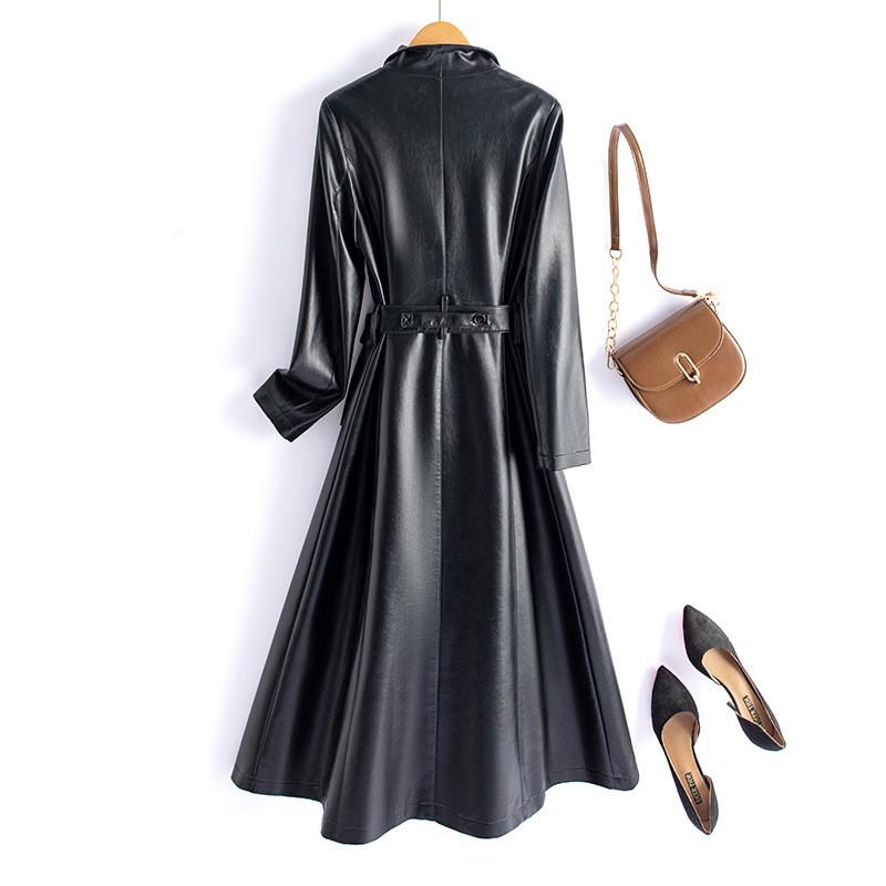 Womens Long PU Leather Trench Coat With Faux Fur Collar Winter Elegant Outerwear