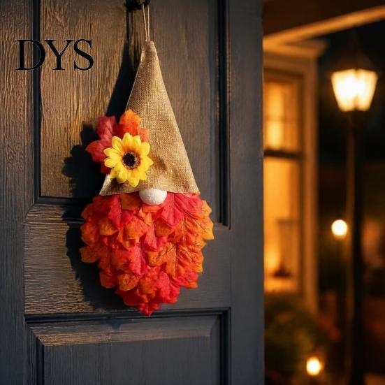 Artificial Fall Harvest Wreath Autumn Gnome Maple Leaf with LED Lights, Rustic Pointed Hat Thanksgiving Decorative Door Hanging, Farmhouse Front Home