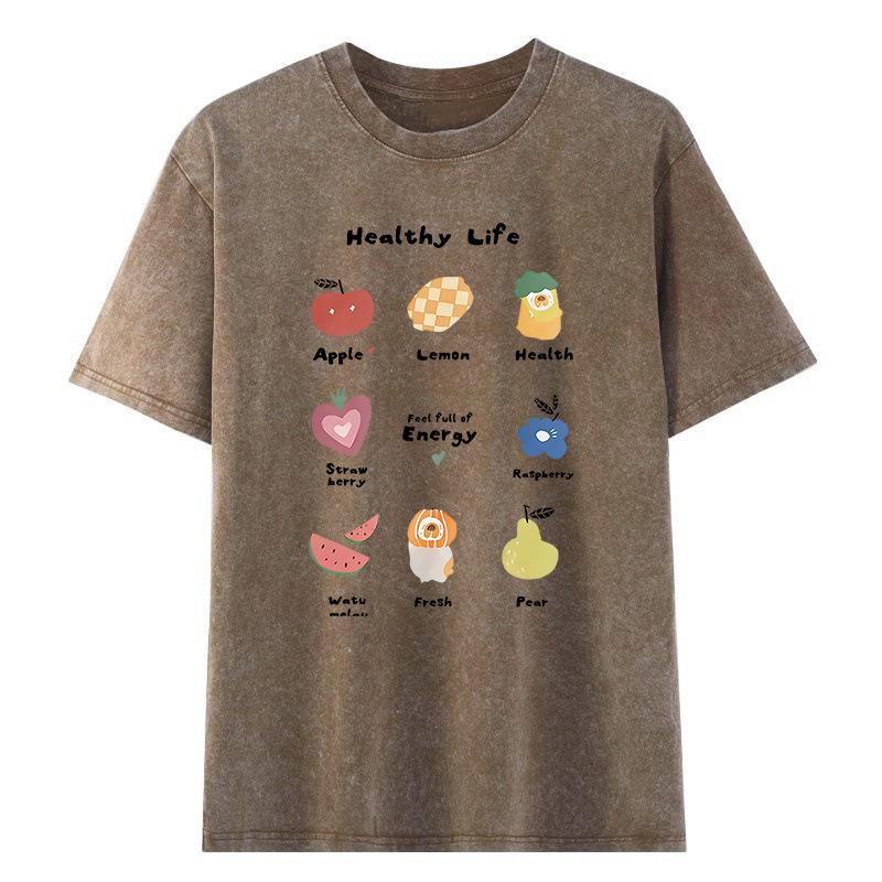 

Plus Size Retro Vintage Distressed T-Shirt, Heavyweight, Short Sleeve - European and American Trend M кавовий