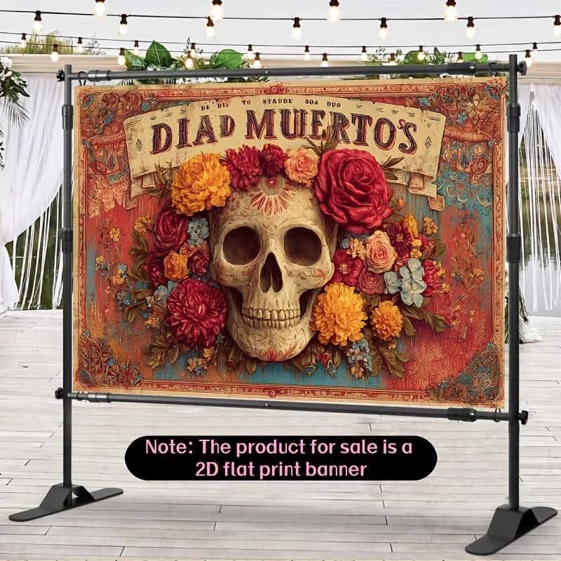 2D flat banner, 1 Mexican Day of the Dead background banner - vibrant flower and skull design