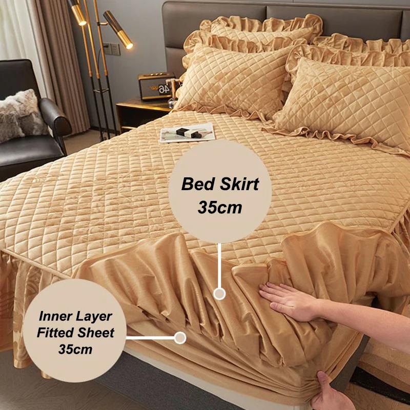 Varmt fløyelspolstret sengeteppe på sengen Tykket krystallfløyel Støvtett, fullstendig pakket madrassbeskyttelsestrekk