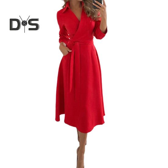 

Платье для женщин на осень-весну с широкими бретелями, V-образным вырезом, поясом, облегающим, с высокой талией, длинными рукавами, карманами, мягкой длиной до середины голени, вечернее, выпускное, миди-платье M красный