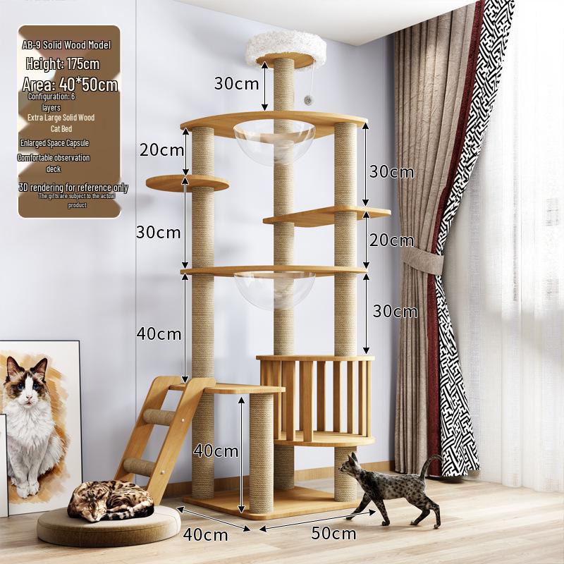 Solid Wood Large Cat Tree with Space Capsule and Jumping Platform