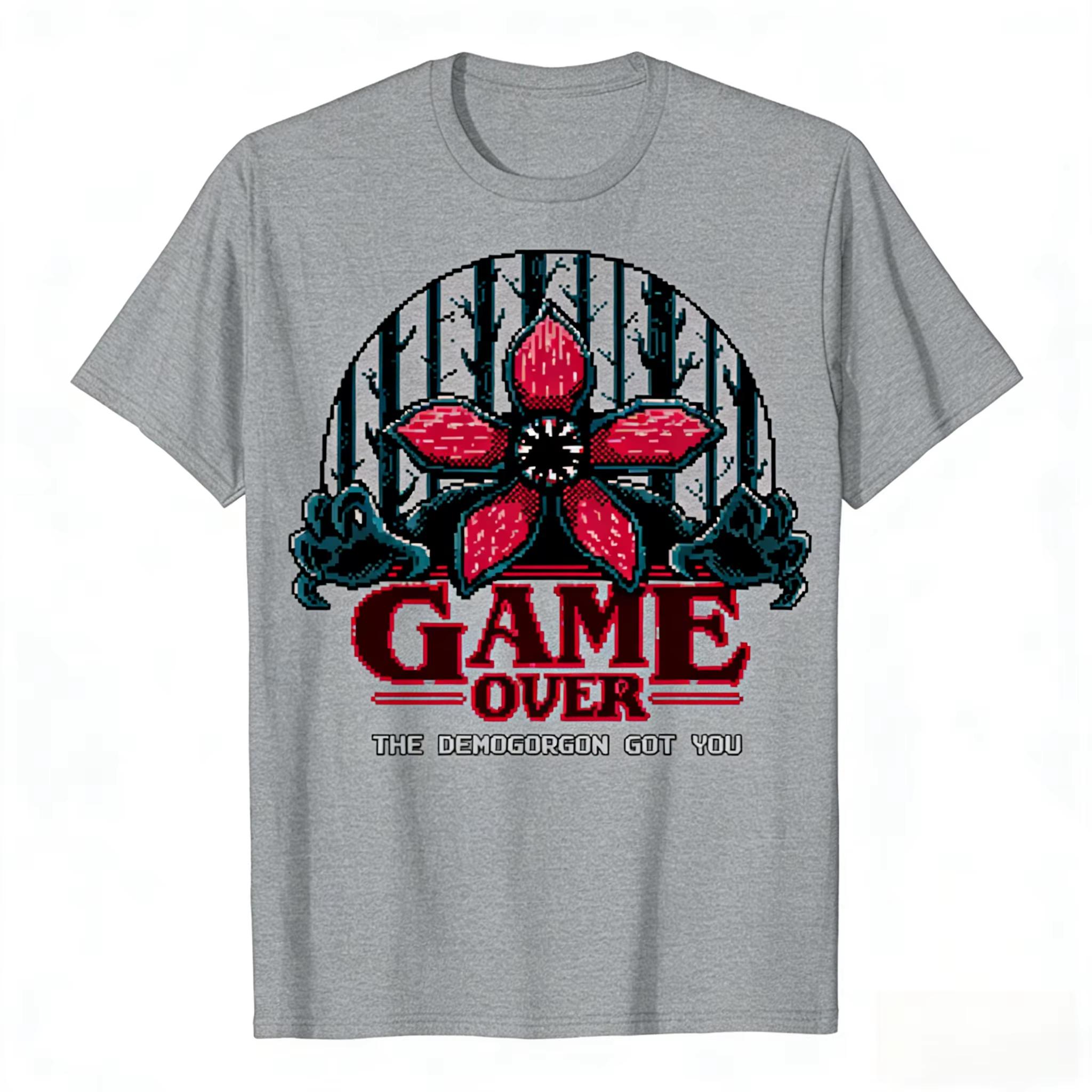 

Vintage Cannibal Flower Monster Print Tshirt Pixel Style Game Over The Demogorgon Got You Slogan Street Pure Cotton LooseTshir 4XL