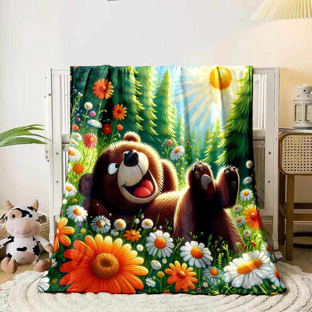 Happy Bear Relaxing In Flower Meadow Print Blanket Soft and Cozy Perfect for the Living Room Bed Sofa or a Nap,gift