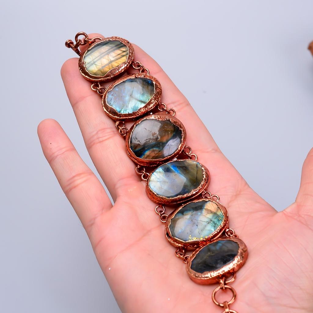 Labradorite Gemstone Copper Birthday Electroformed Statement Wife Gift Bracelet V-77