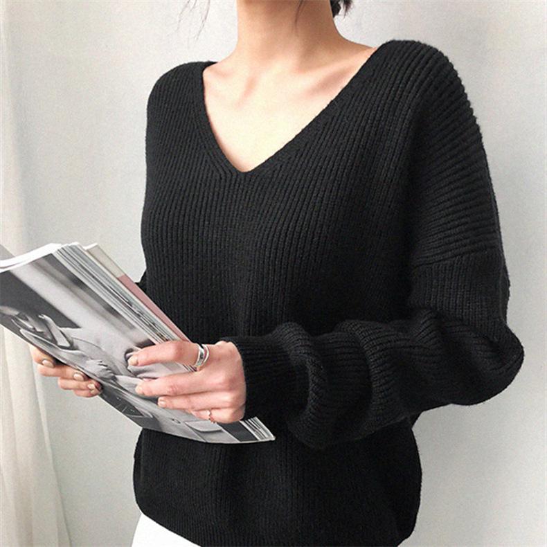 Women's Solid Color V-neck Knit Pullover Sweater - 2026 Autumn/Winter Loose Fit, Lazy Style